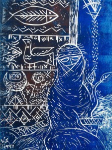 Lino-cut print by Thuraya Al Baqsami