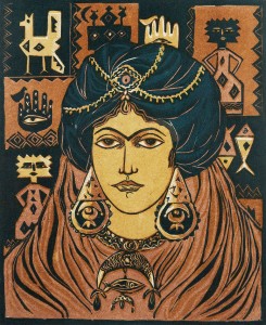 Lino-cut print by Thuraya Al Baqsami
