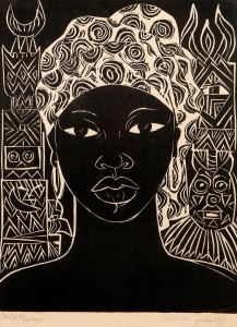 Lino-cut print by Thuraya Al Baqsami