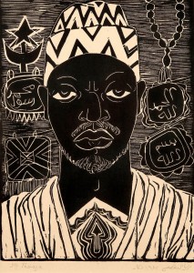 Lino-cut print by Thuraya Al Baqsami