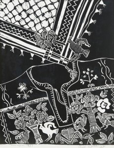 Lino-cut print by Thuraya Al Baqsami