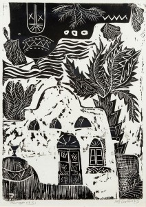 Lino-cut print by Thuraya Al Baqsami